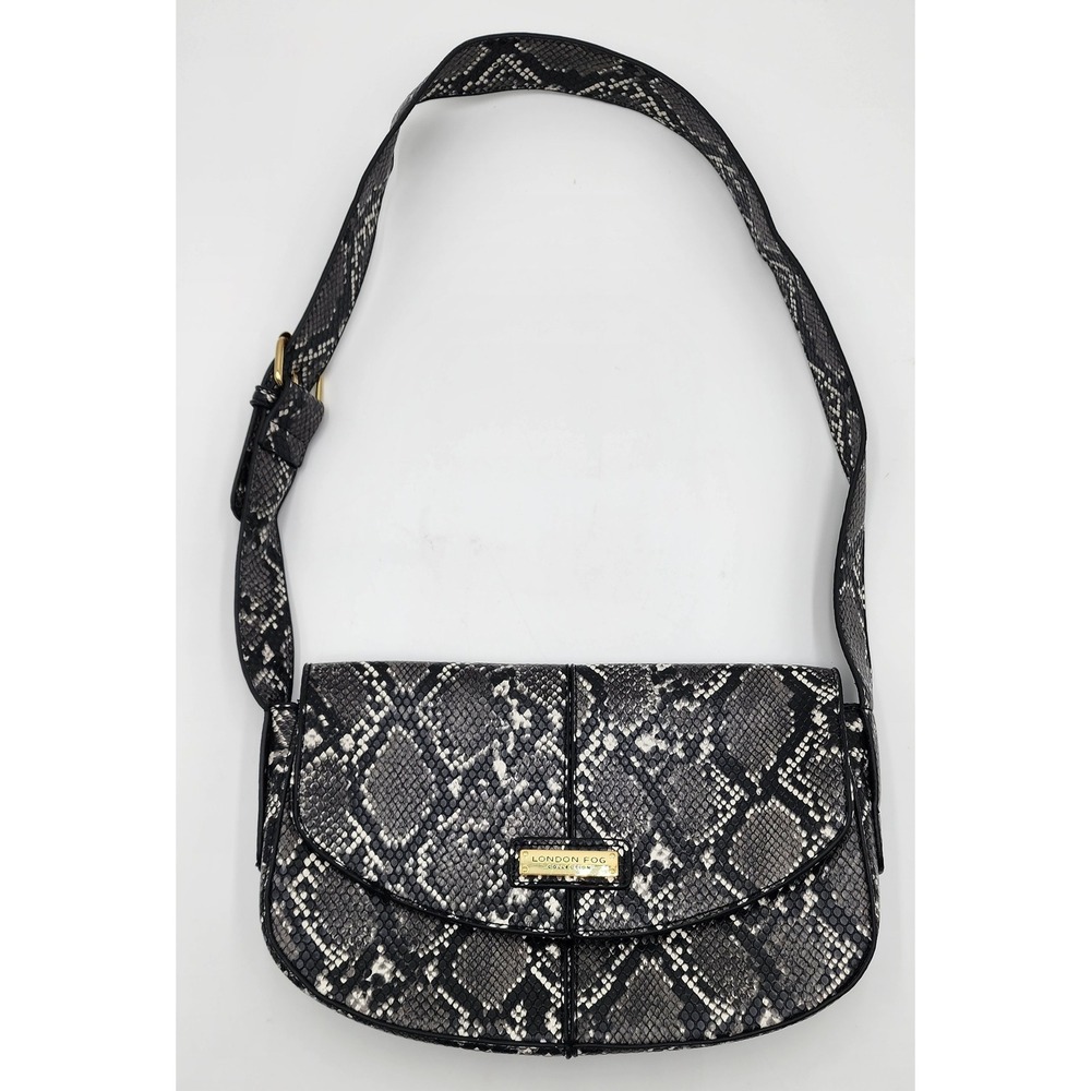 London Fog Shoulder Bag Small Black White Snakeskin Print Flap Baguette EXC